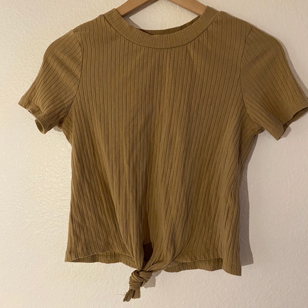 tan ribbed tie front top